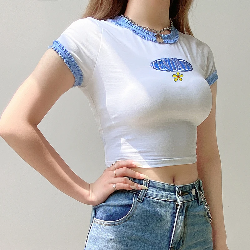

Summer Women Tees Letter Embroidered Contrast Color Short-Sleeved T-shirt Women's Short Slim Round Neck Bottoming Shirt Top