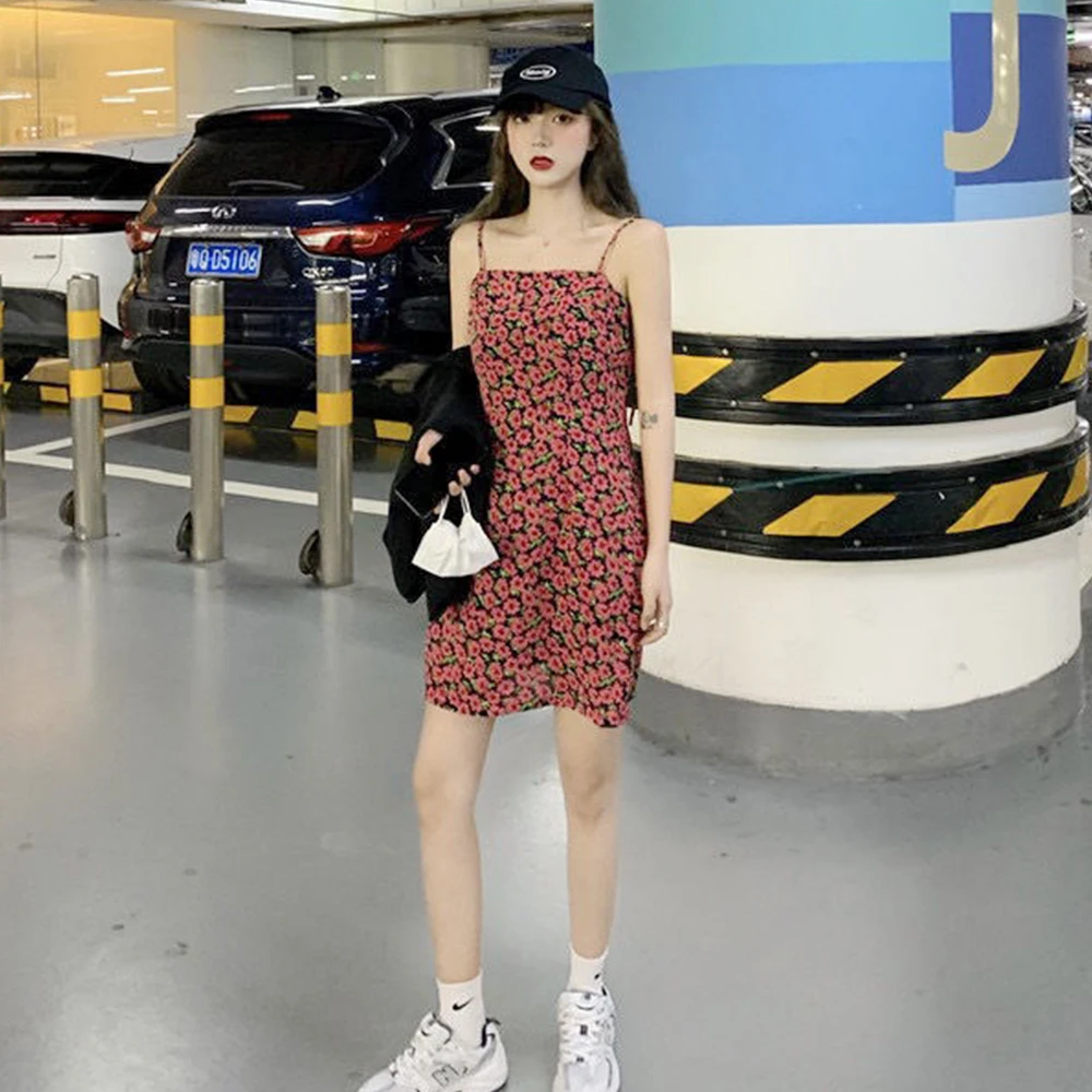 

Women Floral Printed Dresses Straight High Waist Suspender Dress Female Cozy Sexy Cute Vestido De Mulher Kobieta Sukienka Femme