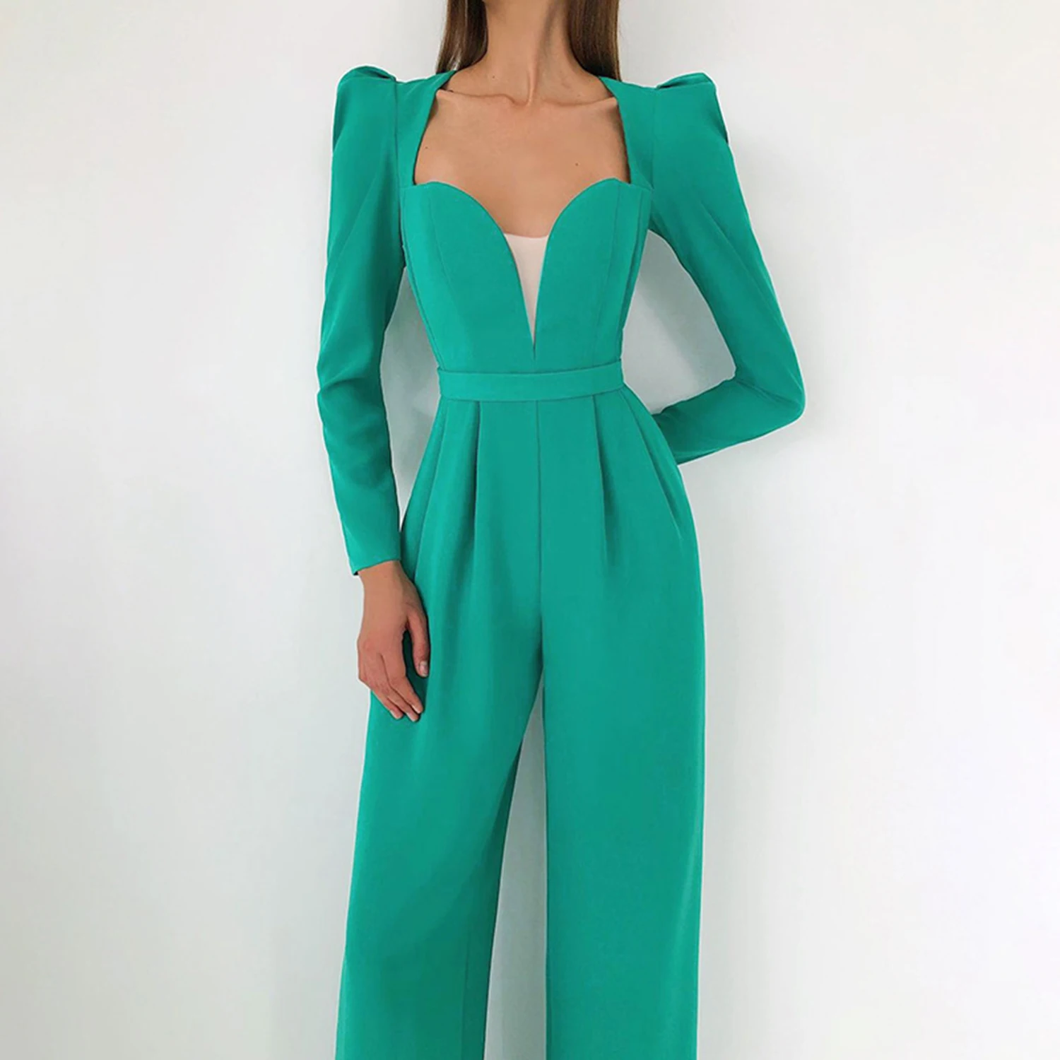 

2021 High Waist Playsuit Clubwear Sexy V Neck Jumpsuit Summer Long Playsuit Casual Beach Romper Belt Womens Wide Leg Overalls