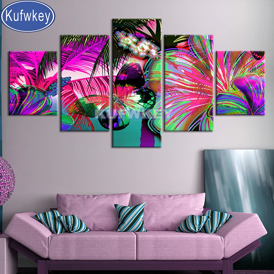 

DIY Sticker Flowers And Butterflies Painting Diamond Mosaic 5 Pcs 5D Full Round Drill Home Decor Embroidery Cross Stitch Beadwor