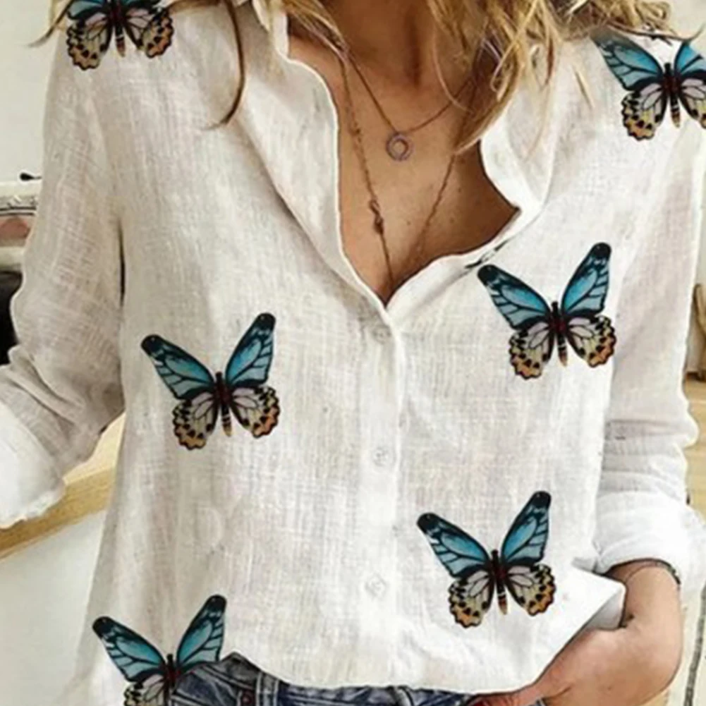 

Women Casual Long Sleeve Butterflies Print Single-breasted Office Shirt Blouse 2020 Plus Size Turn-down Collar Elegant Tops