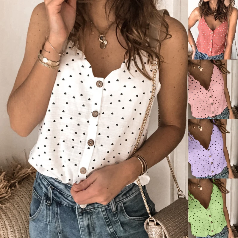 

Women 2022 Sexy Polka Dot Blouse Shirt Elegant V-Neck Sleeveless Button Tops Summer 2XL Fashion Ladies Chic Streetwear Top blusa
