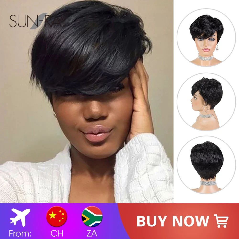 

Pixie Cut Wigs Short Human Hair Wigs for Black Women Short Straight Black Ladies Wigs 1B Black Color