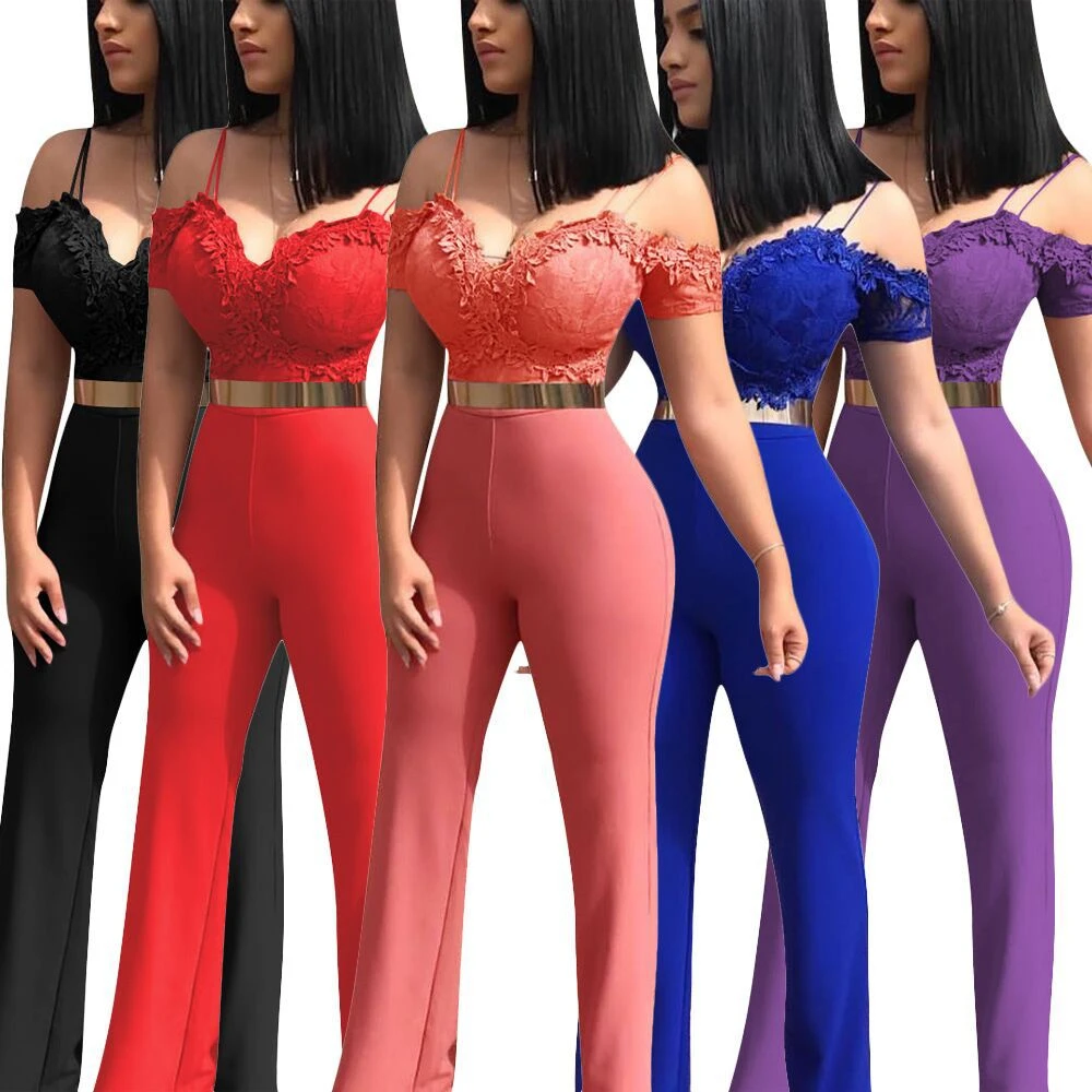 Женский кружевной комбинезон с открытыми плечами элегантный широкими штанинами