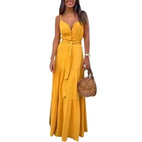 50 hot sales summer beach bohemian women solid color sleeveless v neck belted maxi dress