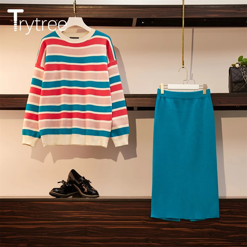 Женский комплект из двух предметов Trytree повседневный топ в полоску с круглым