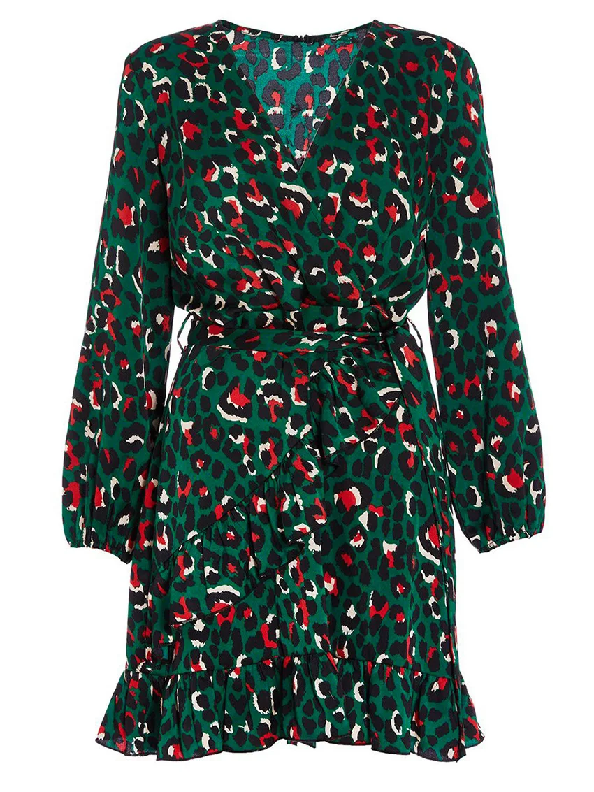 Vintage 2019 Leopard Print Party Dresses V Neck Polka Dot Dress Women Long Sleeve Club Mini Female Vestidos | Женская одежда