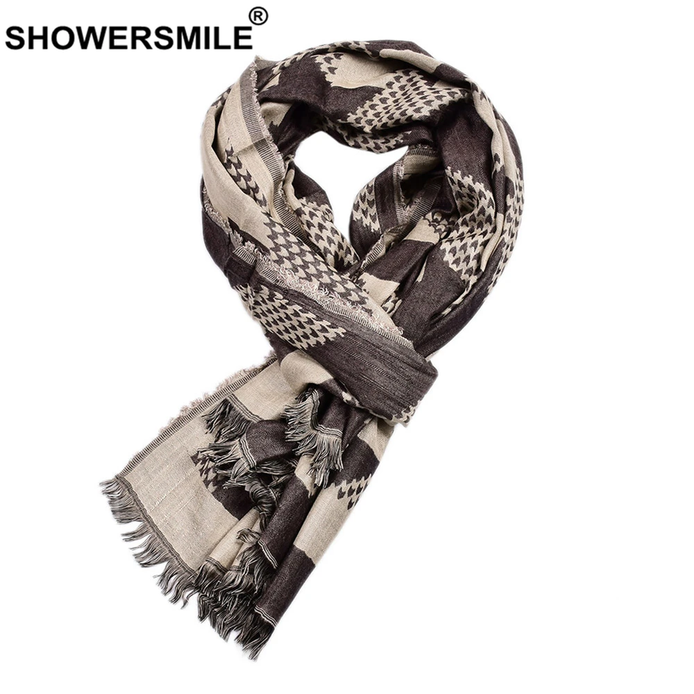 SHOWERSMILE, зимний мужской шарф, черный, хлопок, лен, модный шарф для мужчин, кисточка, геометрический принт,, Новое поступление, Брендовые мужские шарфы