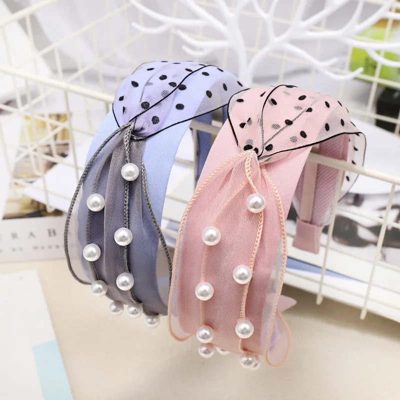 Ободок для волос женский в горошек обруч с жемчужинами и сеткой аксессуар на