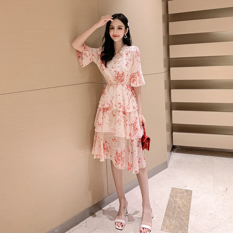 Vintage Women A-line White Dress Lace Up Printed Elastic Waist Female Chiffon Cascaded Ruffle Midi 2020 Summer Vestidos | Женская одежда