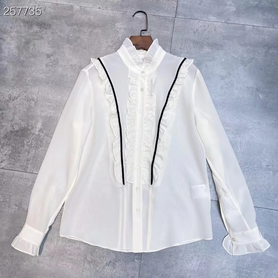 

Fyion Luxury Blouse 2022 Summer Spring New Design Women Runway Ruffles High Quality Silk Single Breasted Blouse