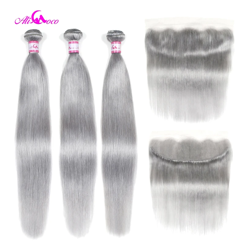 Прямые человеческие волосы Ali Coco 3 пряди с кружевом фронтальные серые бразильские