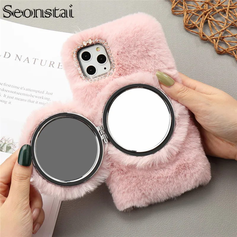 Роскошный милый зеркальный меховой пушистый чехол для телефона iPhone 11 Pro Max X Xr Xs