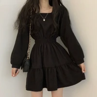 gothic black puff sleeve loose womens dress long sleeve shrink waist chic linen mini dress casual elegant dresses for women