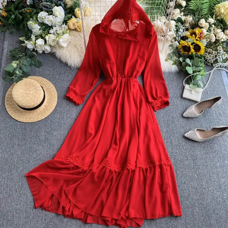 

Женское шифоновое платье с рюшами и капюшоном, белое богемное Элегантное Длинное Платье до щиколотки с рукавами-фонариками