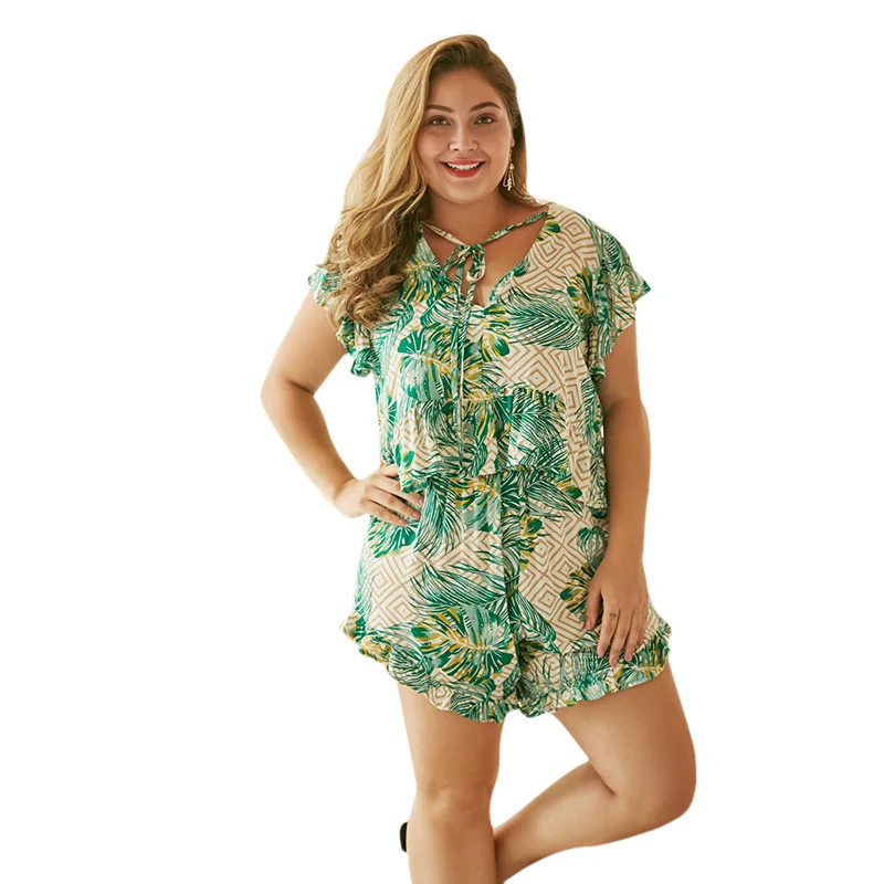 

plus size women's printed 2-piece suit with age reduction neckline tie lotus leaf swing short-sleeved shorts vacation suit women