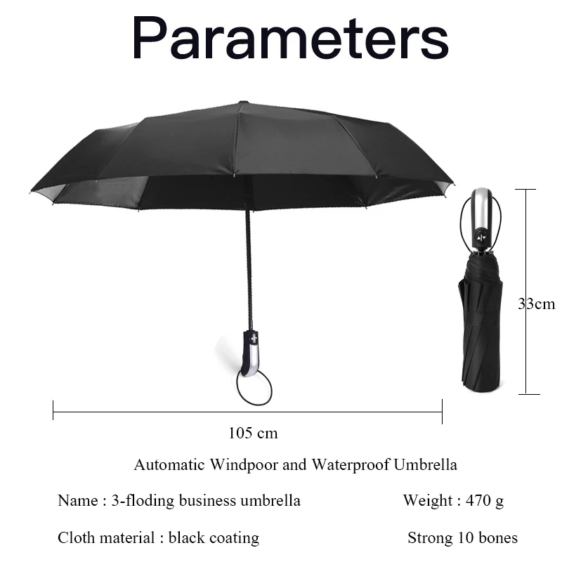 

Automatic Business umbrella for Male and Female Three-Folding Reinforced Wind-Resistant Black Coating Larger 10K Sun Umbrella