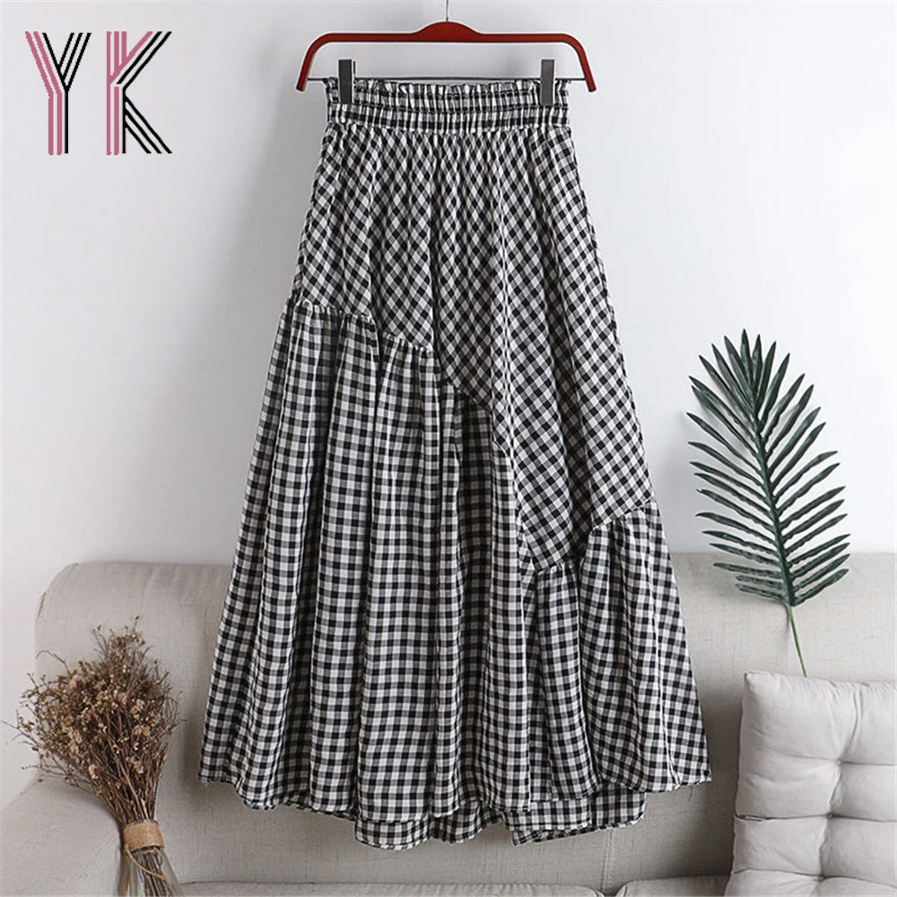 

Irregular Stitching Plaid Pleated Midi Black Skirts Summer Women Korean Harajuku Loose A-Line Long Skirt Elastic High Waist Saia