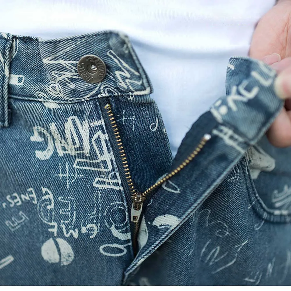 Hip-hop Graffiti Loose Baggy Skateboard Denim Men Casual Streetwear Dance Jeans Pants Straight Trousers Wide Leg Harem Clothing