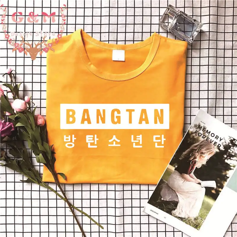 В стиле группы Bangtan Boys 방letter Letter Письмо печати Харадзюку Kpop корейский стиль Женская футболка мода короткий рукав хлопок женские летние топы - Цвет: yellow t white words
