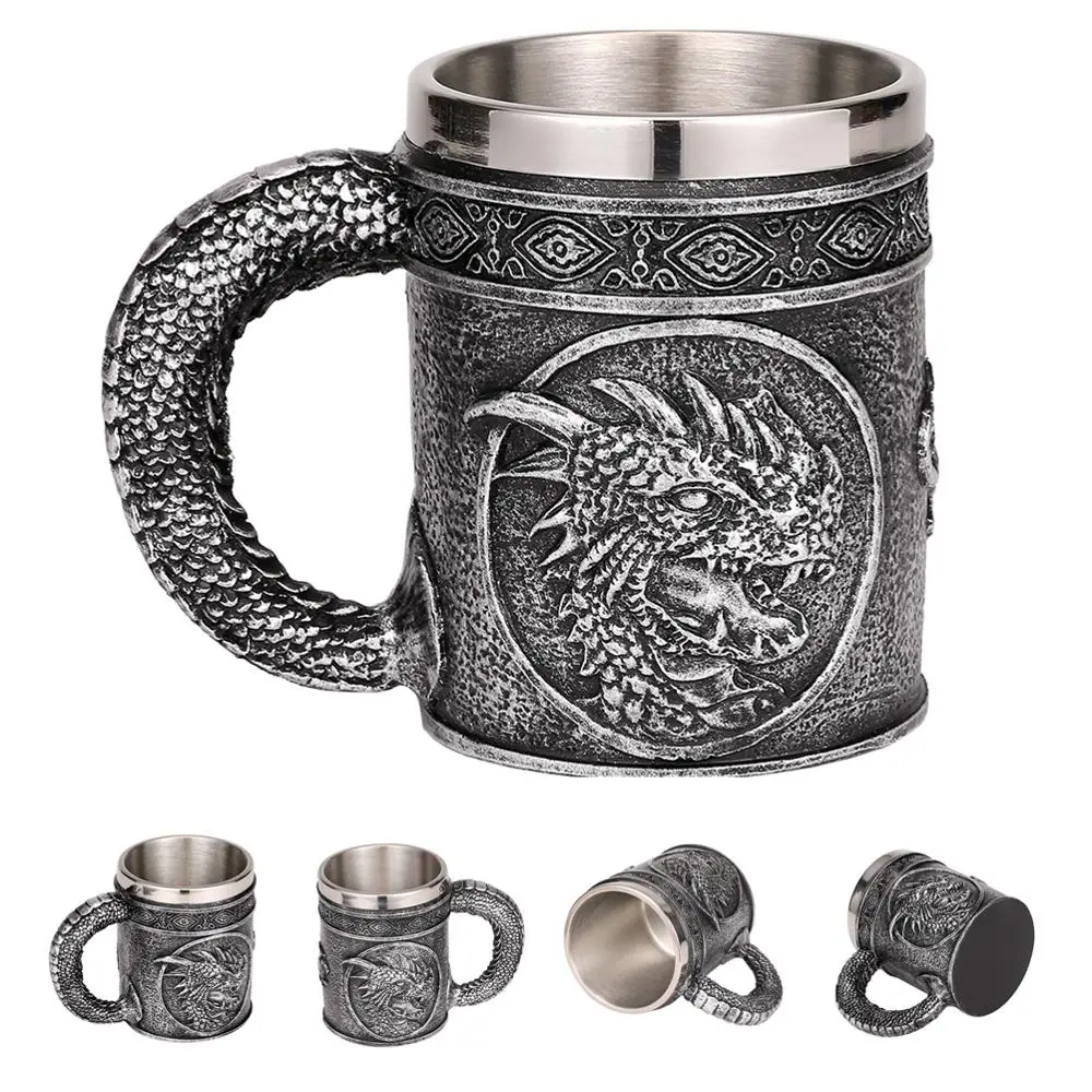 Silver Evil Dragon Череп Дракон из смолы нержавеющая сталь Пивная кружка Ретро рыцарь Танкард Хэллоуин кофейная чашка креативный Викинг чайная кружка Паб Бар украшения - Цвет: Silver Evil Dragon