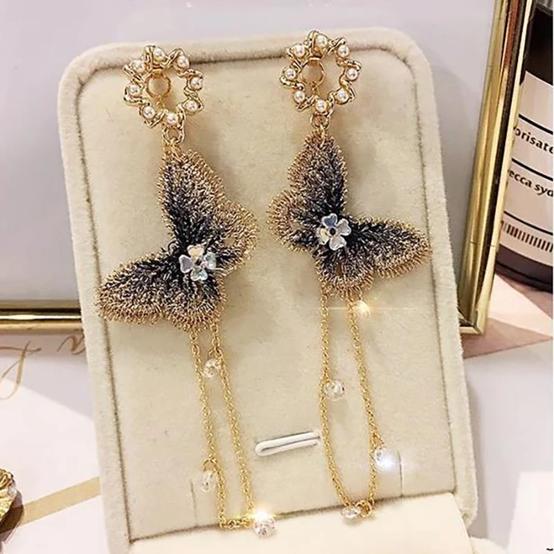 Корейские длинные висячие серьги с крыльями бабочки для женщин ювелирные