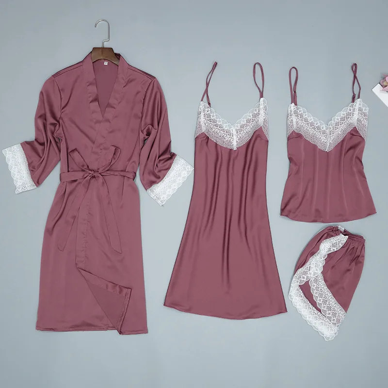 Lady Home Wear Pajamas 4PC Strap Top Pants Suit Sleepwear Sets Woman Nightgown Sexy Kimono Sleep Robe Bath Gown Nightdress | Женская