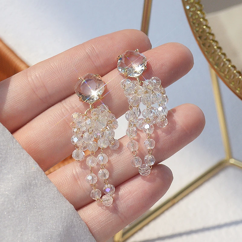 

Korean Hot 14k Real Gold Jewelry Crystal Tassel Earrings for Women Top High Quality AAA Shiny Zirconia S925 Silver Needle Gift
