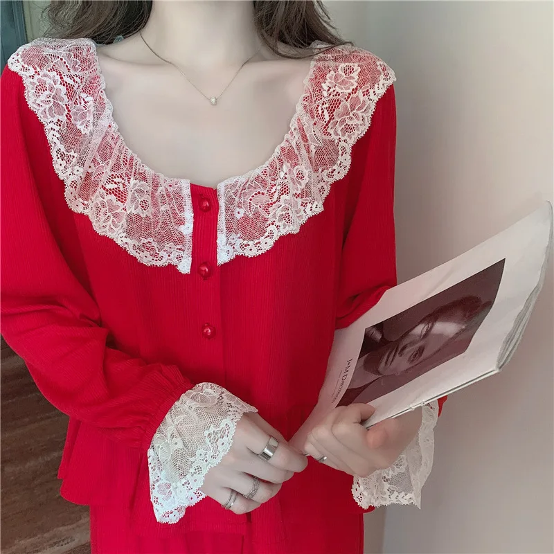 Pajamas Women's New Spring And Autumn Pits Cotton Comfortable Lace Sexy Palace Style Temperament Long-Sleeved Suit Home Service