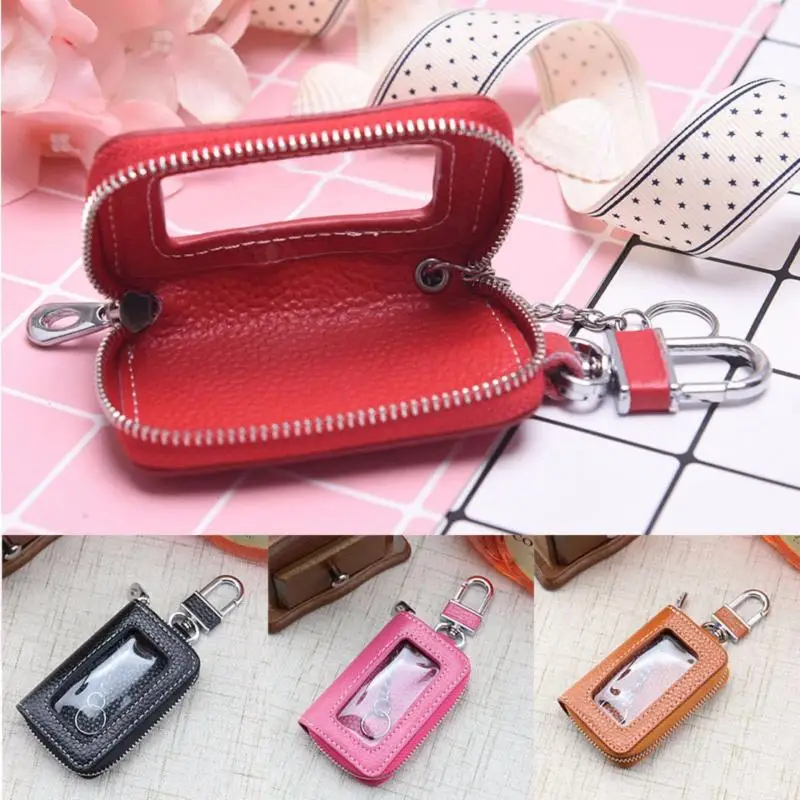 

Genuine Leather Car Smart Key Holder with Transparent Window Cowhide Key Wallet Fob Leather Keychain for Car Zipper Wallet