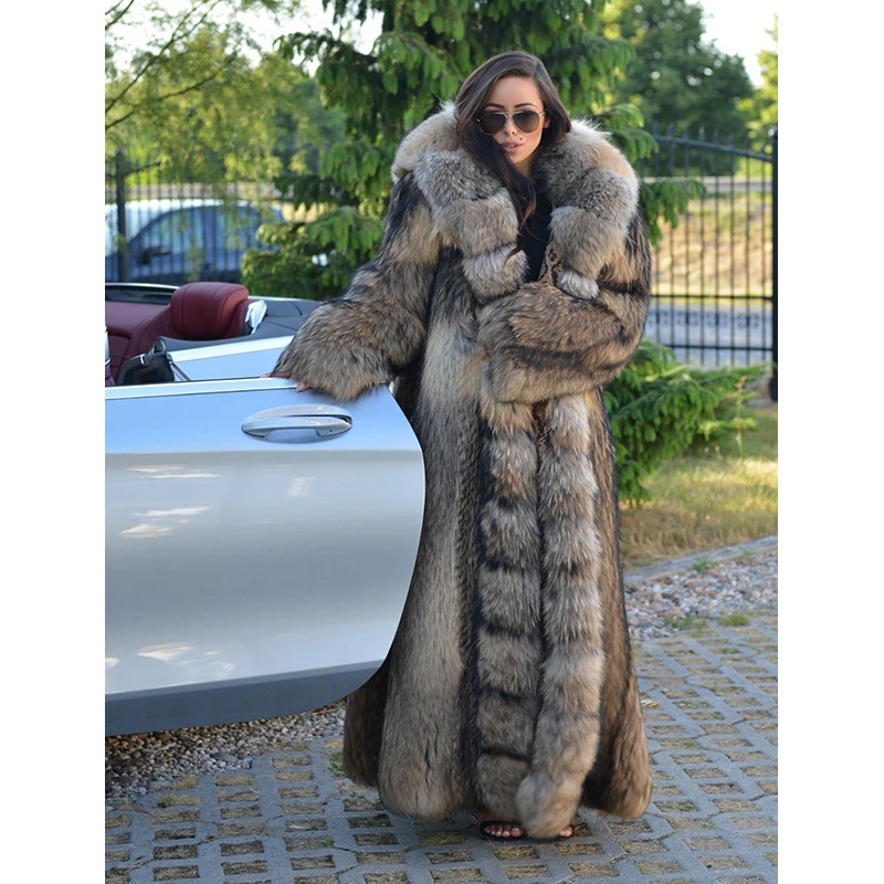 FURSARCAR Luxurious Winter Fur Coat Women Real Natrual Raccon Dog Fur Jacket With Hood 130cm X-Long Plus Size 2021 New