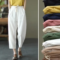 qoerlin m 5xl summer literary solid cotton linen pants elastic waist thinner casual ankle length harem pants side pocket trouser