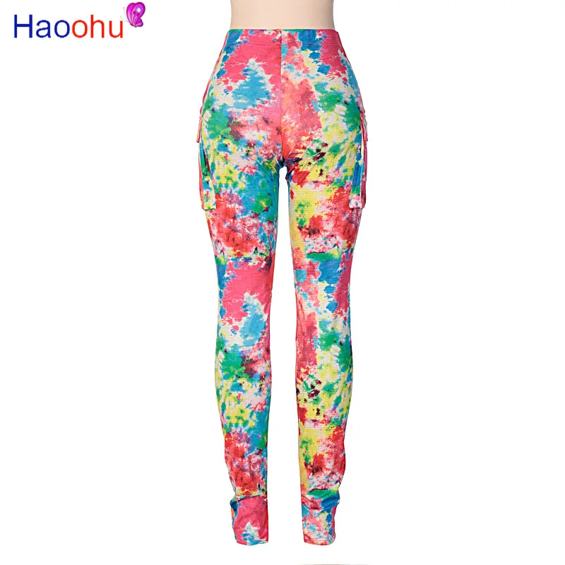 

HAOOHU Sporty Drawstring Tie dye Printed skinny stacked Pants Women high Waist Sweatpants Casual Streetwear Sportswear