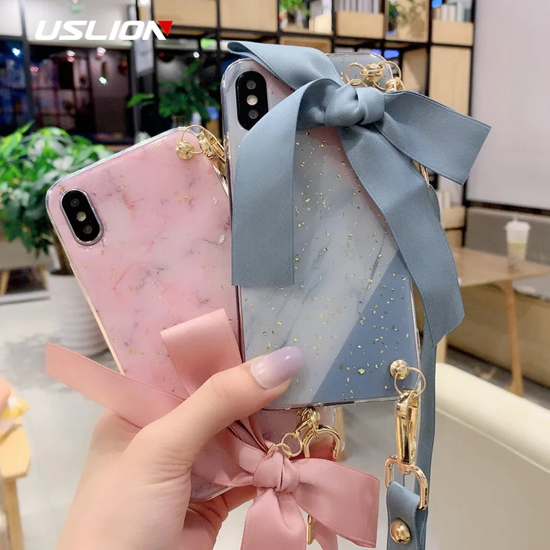 USLION блестящая мраморная пудра силиконовый чехол для iPhone X XR XS Max, мягкий чехол для телефона iPhone 8 6 7 Plus, ремешок с бантом