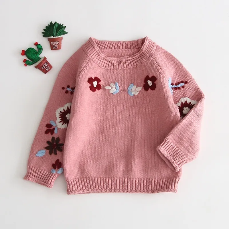 

Round neck sweater 2019 new hand-embroidered knitted baby girl baby cute flowers baby girl winter baby girl casual sweater