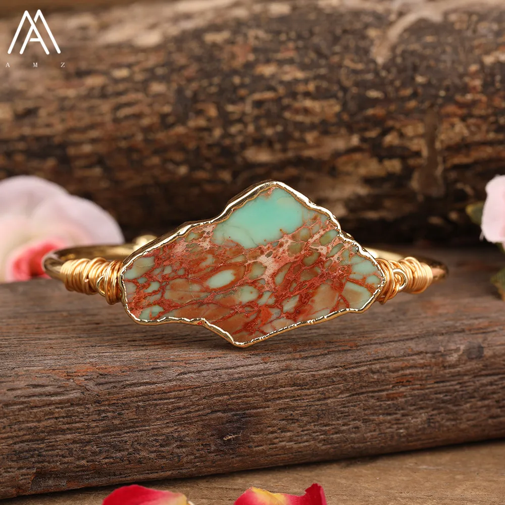 

Rainbow Sea Sediment Jaspers Beads Gold Wristband Bracelet Women Natural Gemstones Bohemia Cuff Bangle Jewelry Gift Dropship