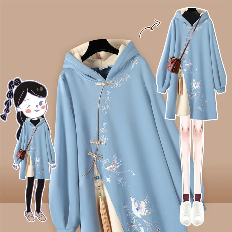 

Улучшение китайская Стиль с капюшоном с вышивкой Cheongsam платье-толстовка с вышивкой; Сезон осень-зима женская обувь толстые Harajuku платья для ж...