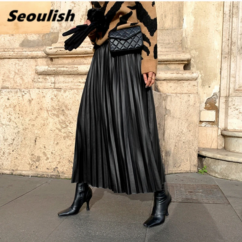 Seoulish Autumn Winter New 2021 Faux PU Leather Pleated Long Skirts for Women High Waist All-match Umbrella Chic Skirts Female