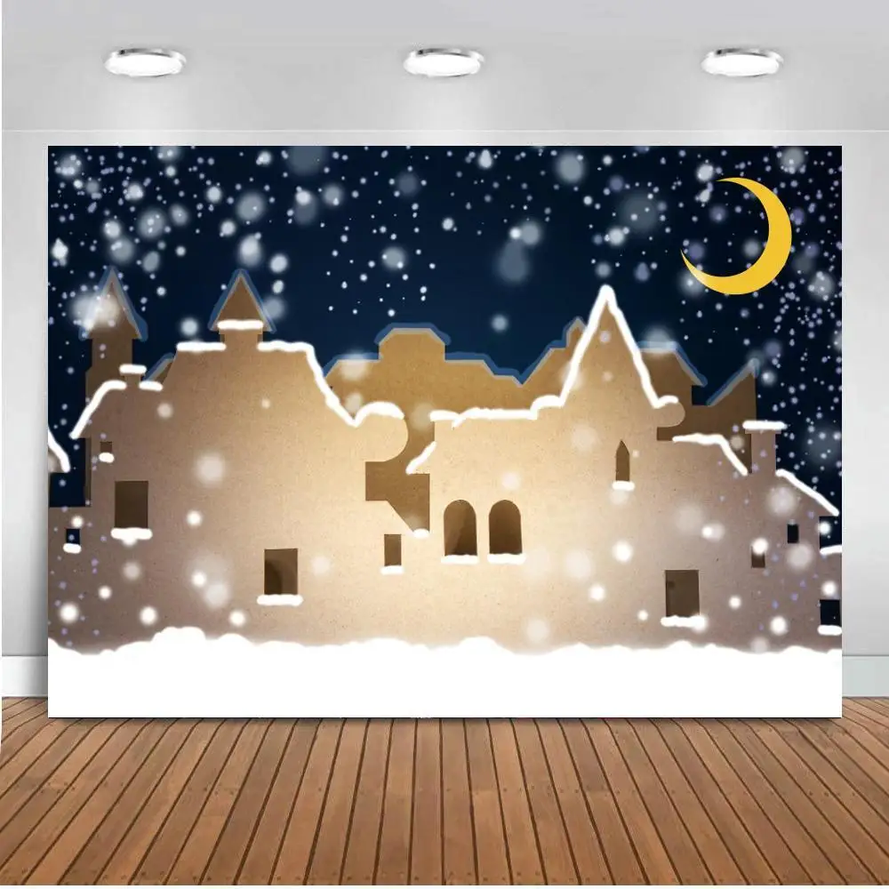 

Dark Night Moon Sky Newborn Baby Shower Photography Backdrops Wood House White Snow Scenic Photo Backgrounds For Studio