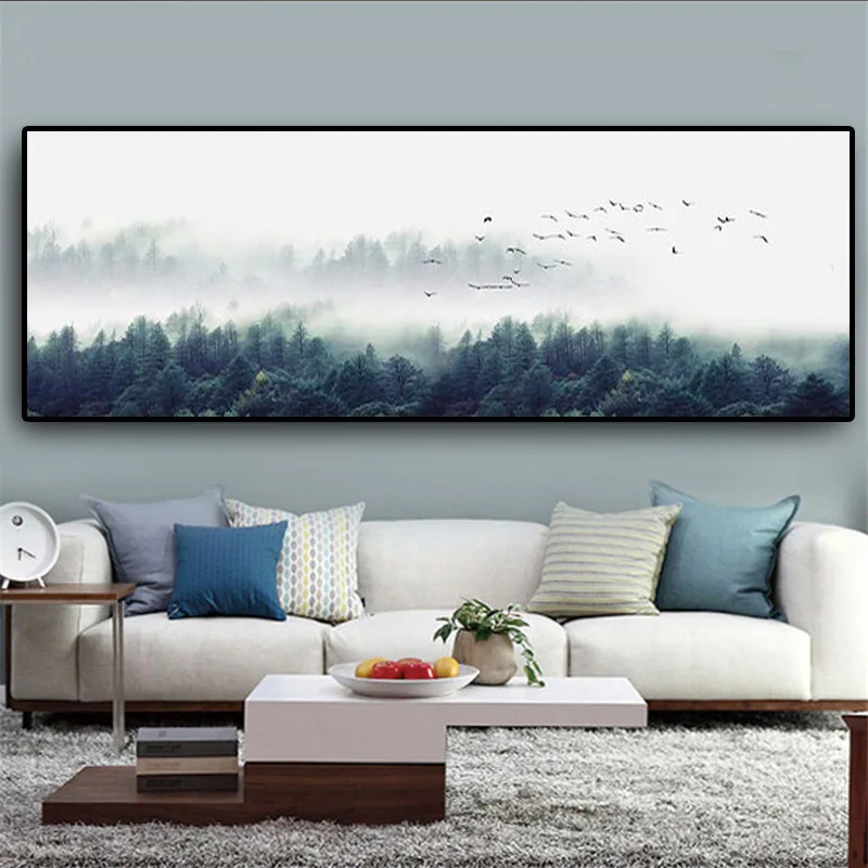 

Nordic Style Modern Minimalist Bird Forest Fog Canvas Decoration Print Painting Living Room Wall Art Decoration