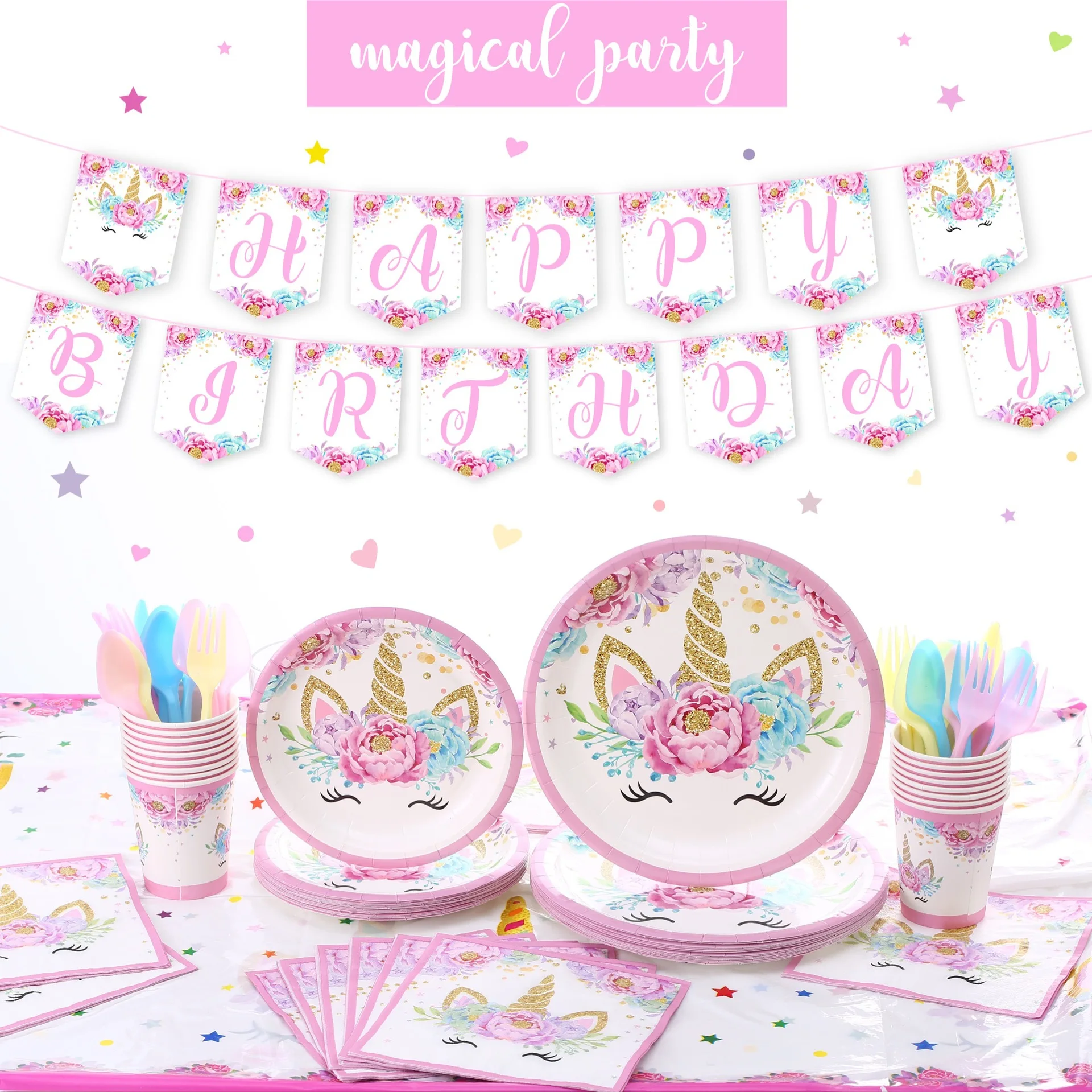 

Unicorn Disposable Party Tableware Supplies Kit Unicorn Paper Plates Cups Cake Forks Kids Birthday Party Baby Shower Decorations