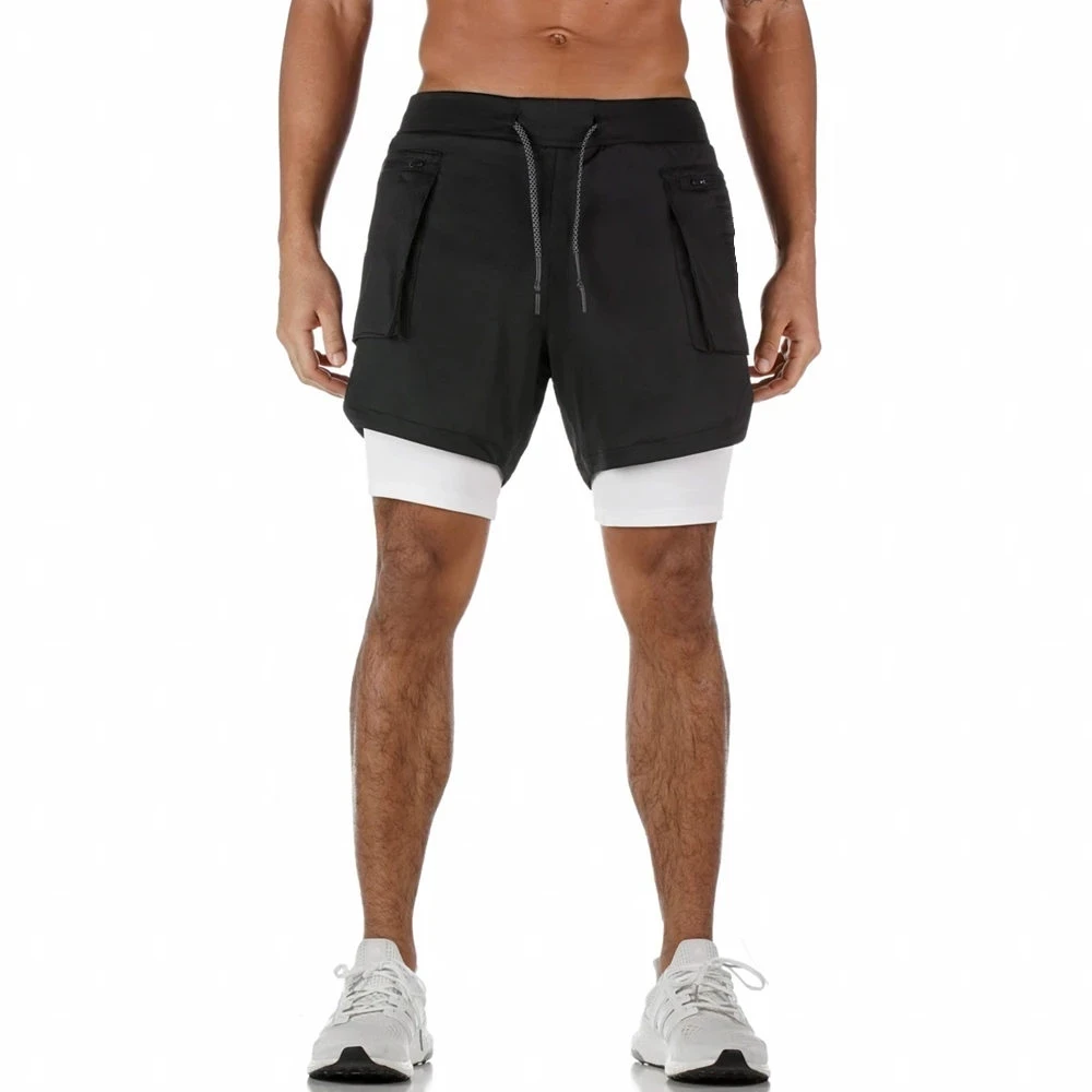 

2 in 1 Running Shorts Men Gym Fitness Double layer Quick Dry Short Pants Male Basketball Training Crossfit Bottoms Bermuda Black