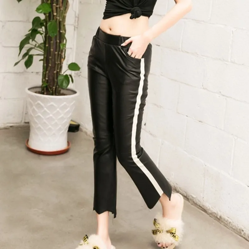 

Womens Genuine Leather Pants Summer 2020 New Fashion Slim Mid Elastic Waist Trousers High Quality Casual Ankle-Length Black Pant