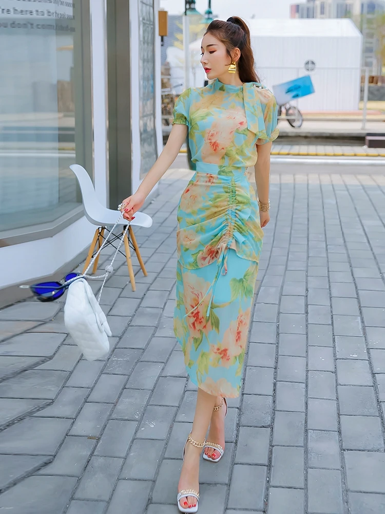 

Women Summer Chiffon Floral Two Pieces Skirt Suit 2021 Summer New Short Sleeve Top High Waist Irregular Long Skirt