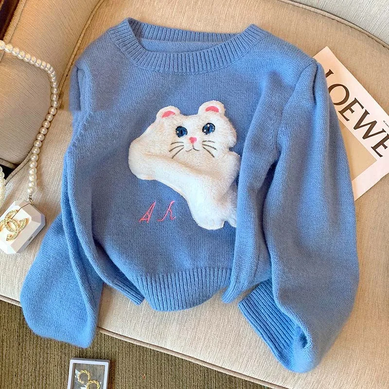 

Blue Cute Cartoon Pullover Sweater Women Short Autumn Winter Loose Cat Lazy Style Knitwear O-Neck Jumper TT0463