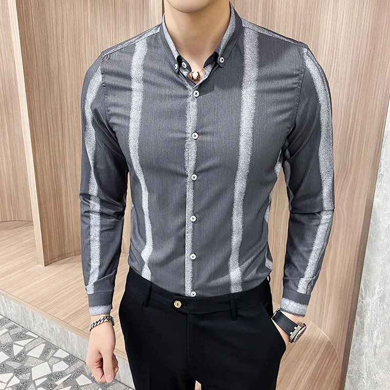 Весенняя Новая мужская рубашка в британском стиле полоску с длинными рукавами