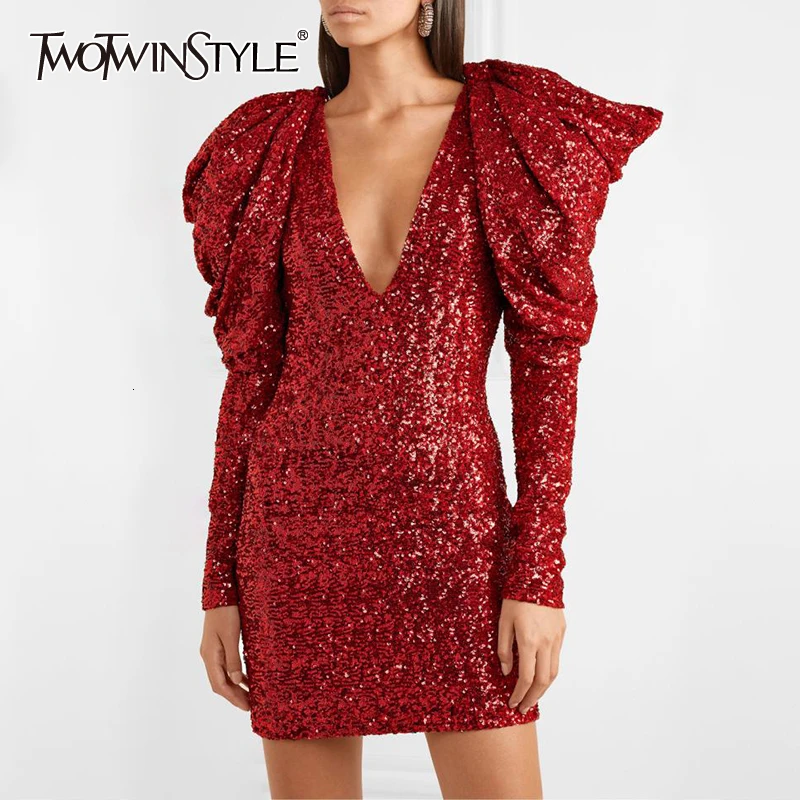 TWOTWINSTYLE лоскутное расшитое блестками платье с рюшами женское туника v образным