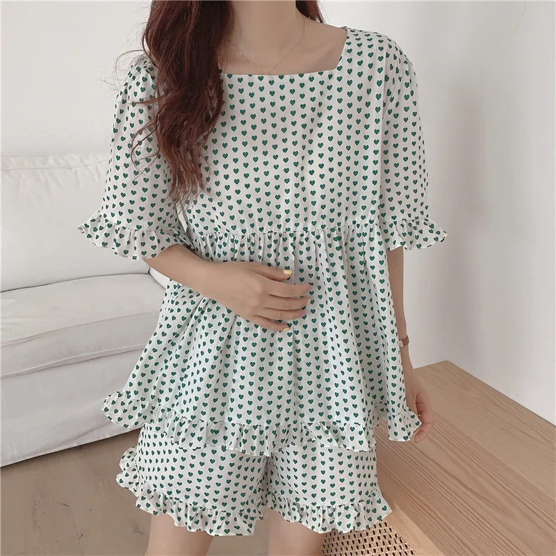 

Пижамный комплект Женский хлопковый из двух предметов с квадратным воротником и коротким рукавом