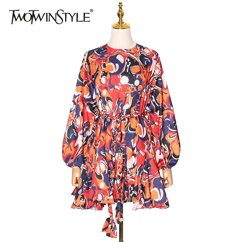 

TWOTWINSTYLE Hit Color Mini Dress For Female O Neck Long Sleeve High Waist Lace Up Printed Casual Dresses Female 2022 Spring