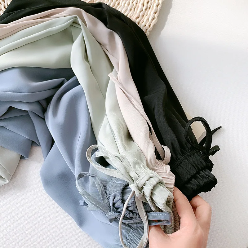 

2021 Women Summer Blue Pants Casual Stretch High Waist Women Solid Color Wide Leg Pants Female Trousers Women Ankle Length Pants